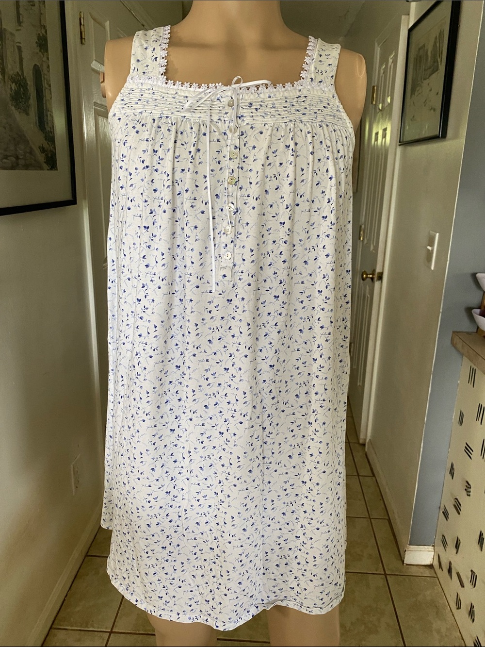 Eileen West knit White Nightgown with Blue Floral Print